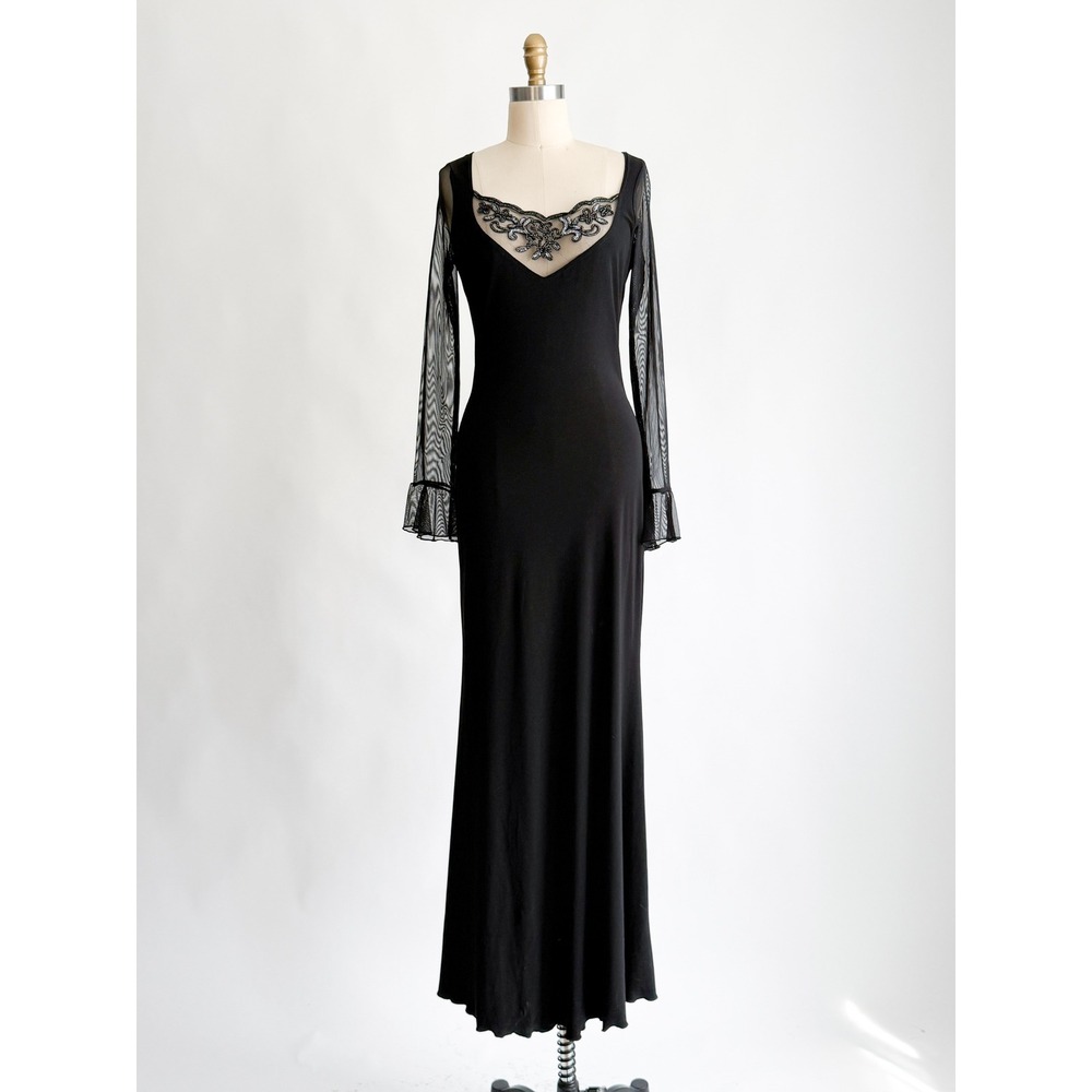 Gothic Whimsigoth Kitty Maxi Dress Size L Black Embroidered Mesh Sleeve Gown